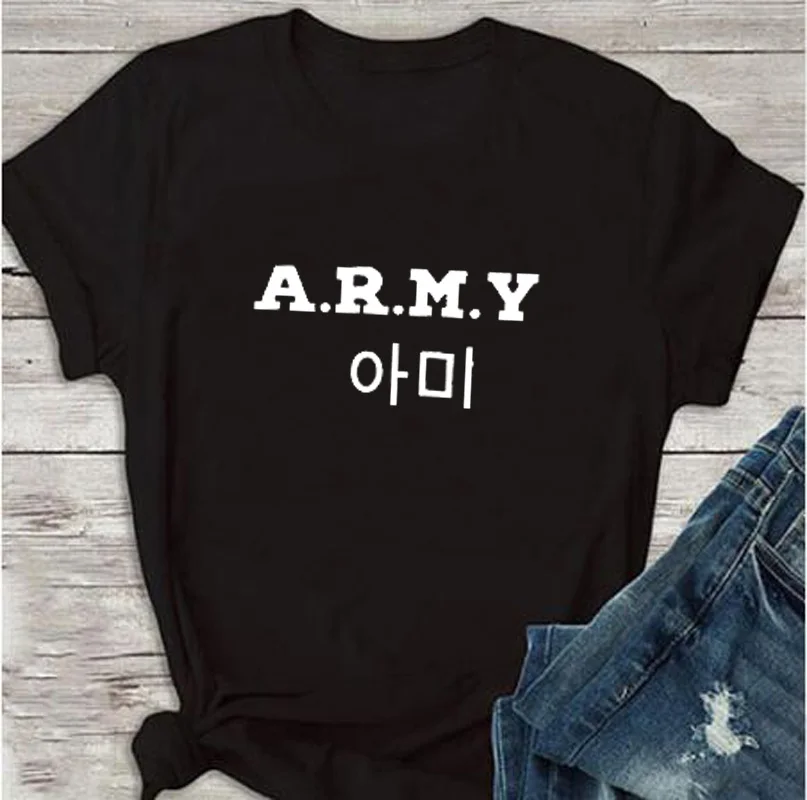 Korea Fashion HIP HOP A.R.M.Y Women T Shirt Tumblr Graphic Streetwear Female O Neck Shirt Letter Print Tops Cotton Outfits Tops
Korea Fashion HIP HOP A.R.M.Y Women T Shirt Tumblr Graphic Streetwear Female O Neck Shirt Letter Print Tops Cotton Outfits Tops