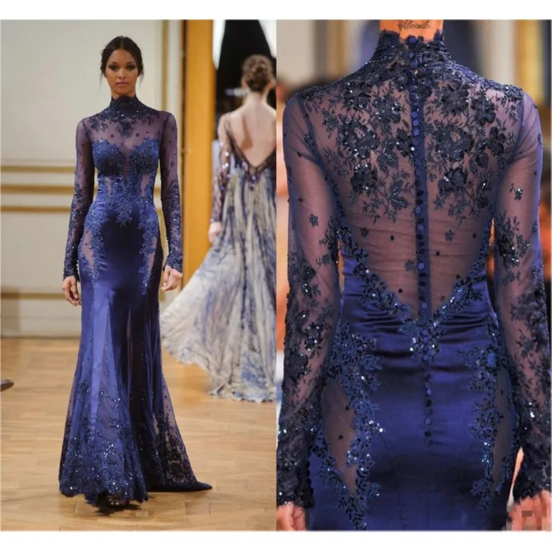 Вечерние платья Zuhair Murad Платья Sheer Длинные Рукава Блесток Иллюзия Лиф