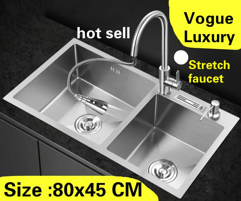 

Free shipping Apartment kitchen manual sink double groove wash vegetables stretch faucet 304 stainless steel hot sell 80x45 CM