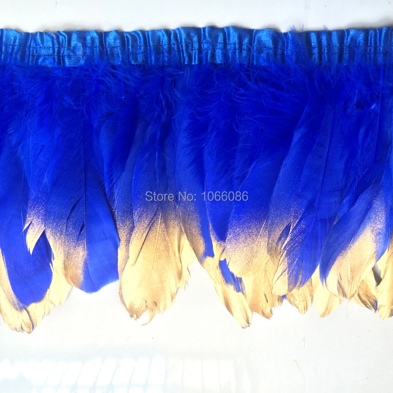 Wholesale 4yard/2pc royal blue goose feather fringe paint gold tips Goose Feather Trims with Satin Ribbon Tape for skirt
Wholesale 4yard/2pc royal blue goose feather fringe paint gold tips Goose Feather Trims with Satin Ribbon Tape for skirt