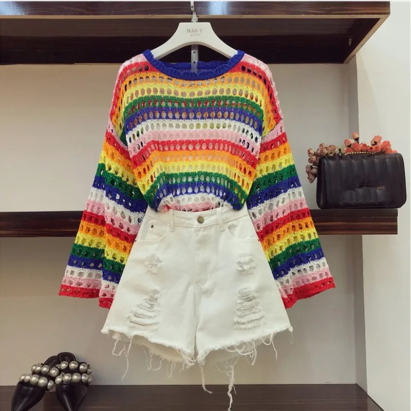 2019 New Women's Rainbow Color Stripe Hollow out Sweater + High Waist Hole Jeans Shorts Two Piece Set Casual Holiday Beach Sets
2019 New Women's Rainbow Color Stripe Hollow out Sweater + High Waist Hole Jeans Shorts Two Piece Set Casual Holiday Beach Sets