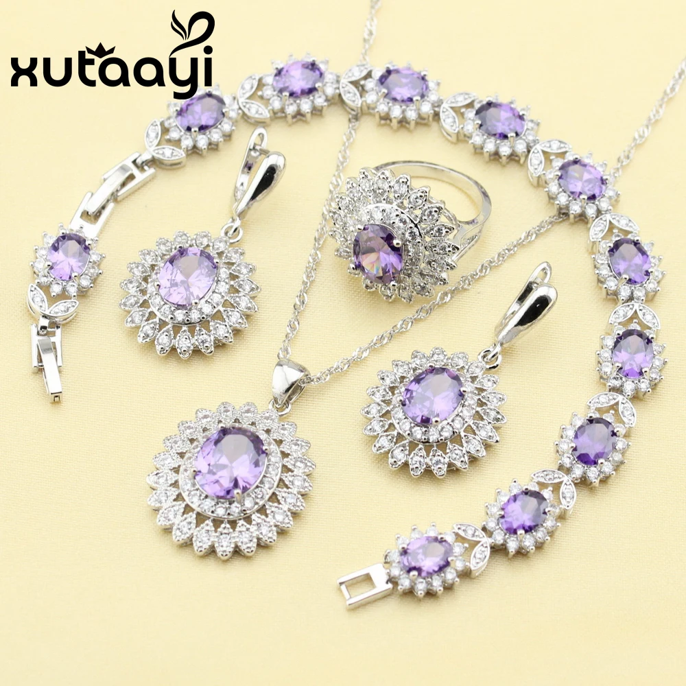 XUTAAYI 4PCS Silver colorcolor Jewelry Set Flower Purple Zircon Earrings Ring Necklace Pendant Bracelet Christmas Gift | Украшения и