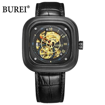 

BUREI Mechanical Watches Men Leather Military Sapphire Crystal Square Dial Automatic Wrist Watch Clock Saat Relogio Masculino