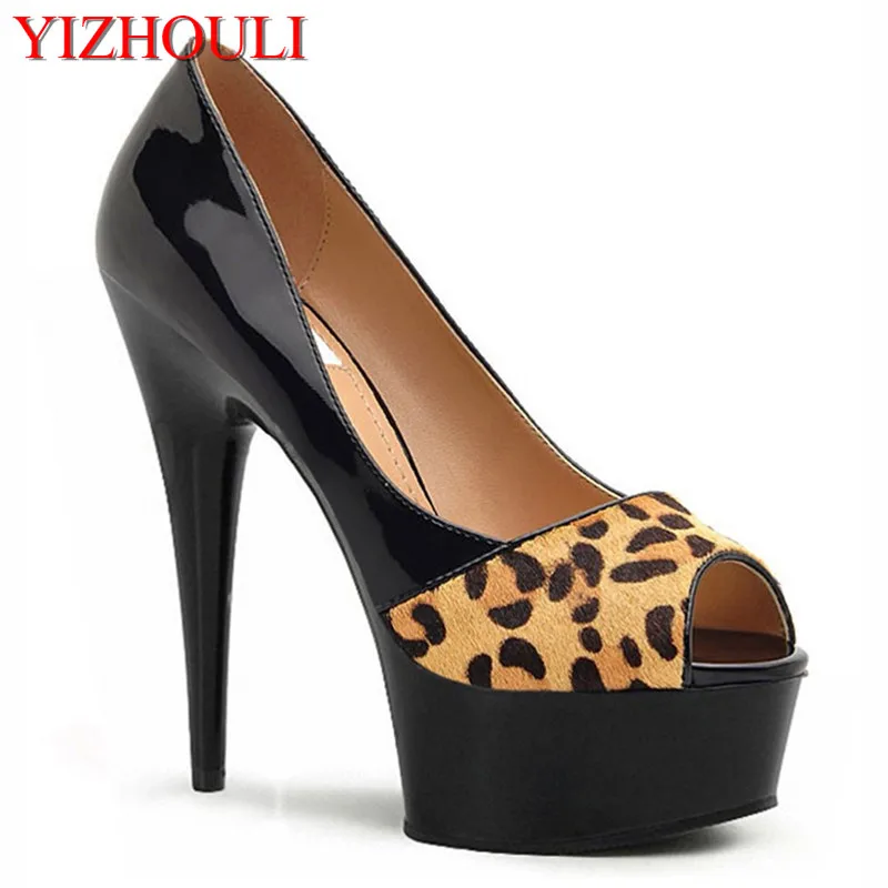 

6 inch Sexy leopard print high heels With Platform Crystal shoes 15cm lady Exotic Dancer shoes peep toe sexy shoes