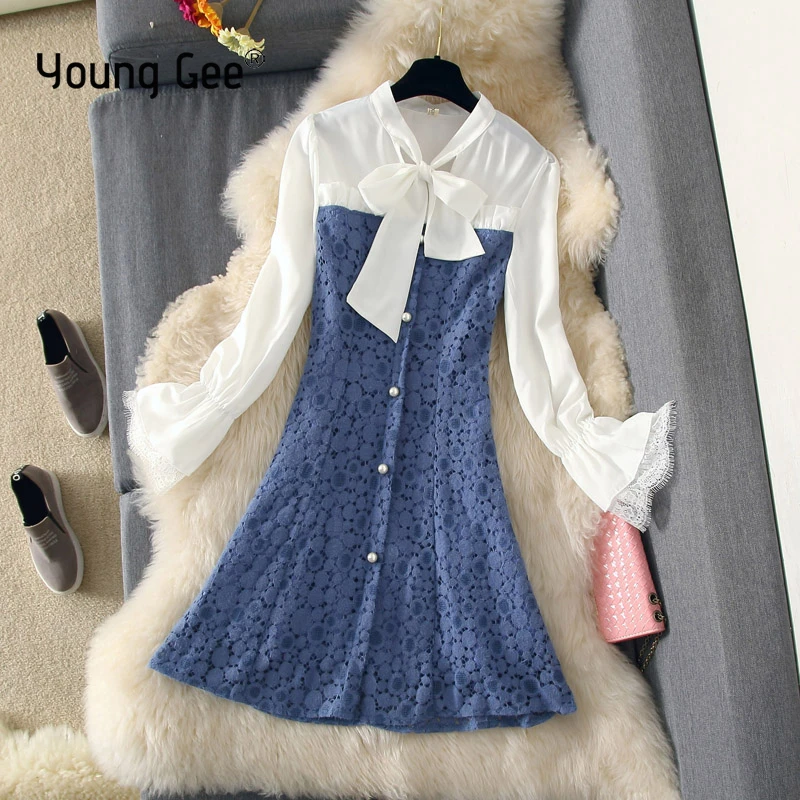 Young Gee Autumn Blue Pink Black Dress Women Sweet Flare Sleeve Elegant Lace Floral Single Breasted Patchwork Dresses Vestido
Young Gee Autumn Blue Pink Black Dress Women Sweet Flare Sleeve Elegant Lace Floral Single Breasted Patchwork Dresses Vestido