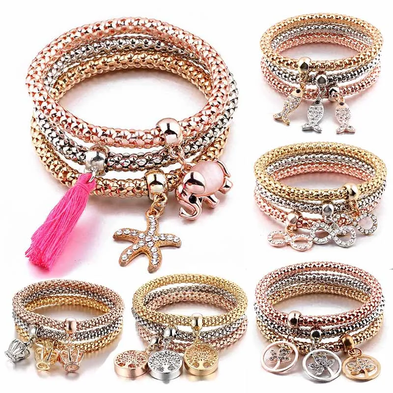 3 Pcs/Set Tree of Life Owl Charm Popcorn Bracelets & Bangles Gold Silver Elephant Anchor Pendants Rhinestone Bracelets For Women
3 Pcs/Set Tree of Life Owl Charm Popcorn Bracelets & Bangles Gold Silver Elephant Anchor Pendants Rhinestone Bracelets For Women