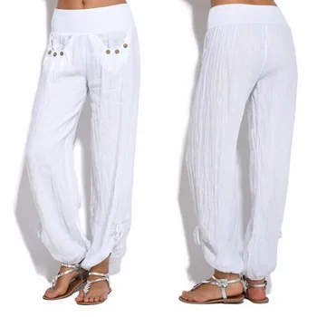 Casual Wide Leg Long Harem Pants Women Breathable Solid Loose Buttons Pants Elastic Waist Trousers Linen Cotton Baggy Pantalon
Casual Wide Leg Long Harem Pants Women Breathable Solid Loose Buttons Pants Elastic Waist Trousers Linen Cotton Baggy Pantalon