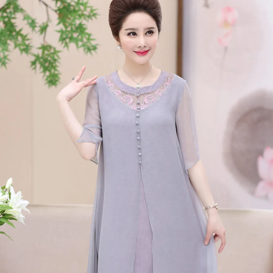 Middle-aged and older large-length summer chiffon lace short-sleeved dress P8203-1821
Middle-aged and older large-length summer chiffon lace short-sleeved dress P8203-1821