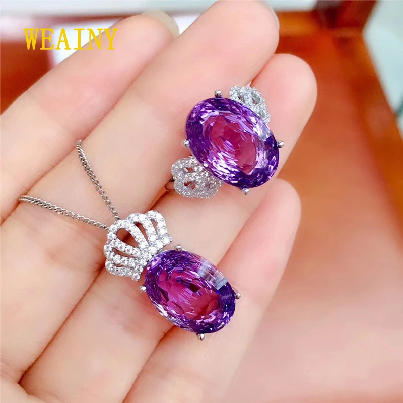 

WEAINY 9 Carat Crown Shaped Natural Amethyst Ring Pendant Necklace Set Bird's Nest Cut Amethyst Jewelry Women's Party Wedding