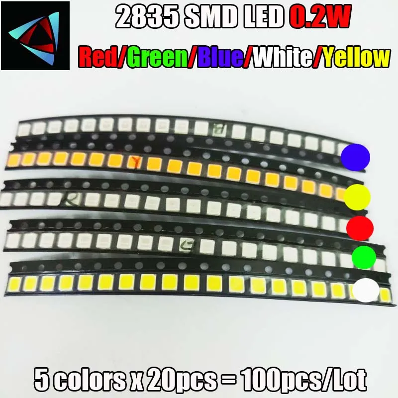 100pcs 2835 0.2W SMD LED 5 colors x 20pcs Diodes SMD LED 2835 Light Emitting Diode RED / Yellow / Green / White / Blue
100pcs 2835 0.2W SMD LED 5 colors x 20pcs Diodes SMD LED 2835 Light Emitting Diode RED / Yellow / Green / White / Blue
