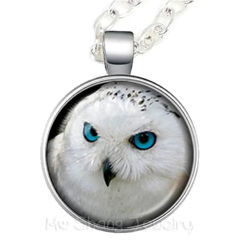 White Snow Owl Photo Cabochon Glass Dome Silver Chain Pendant Necklace