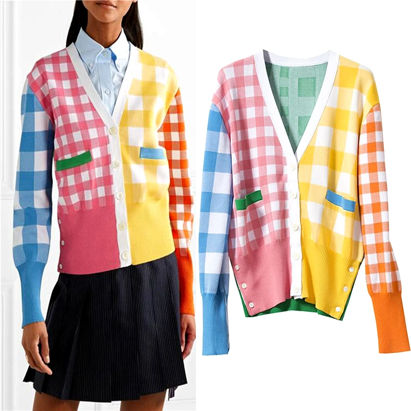 Colorful Color Plaid Women Knitted Cardigan Coat Autumn Spring Casual V-Neck Long Sleeve Knit Sweater Coat Female Tops SL464
Colorful Color Plaid Women Knitted Cardigan Coat Autumn Spring Casual V-Neck Long Sleeve Knit Sweater Coat Female Tops SL464