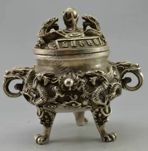 

Collectible Decorated Old Tibet Silver Carved Dragon Play Ball Incense Burner Garden Decoration 100% Tibetan silver Bronze