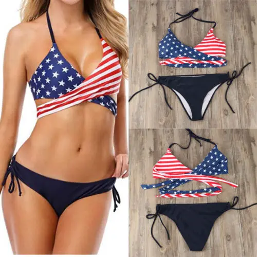 

New Brazilian Sexy Women Stars Stripes Swimwear Halter Cross Bikini Set USA American Flag Bathing Swimsuit Traingle Beachwear