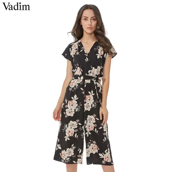 Vadim women vintage V neck floral jumpsuits wide leg pants