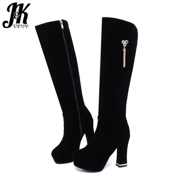 JK Flock High Heels Thick Boots Women Platform Boot Ladies Round Toe Party Shoes Knee High Crystal Metal Shoes Female Winter 
JK Flock High Heels Thick Boots Women Platform Boot Ladies Round Toe Party Shoes Knee High Crystal Metal Shoes Female Winter