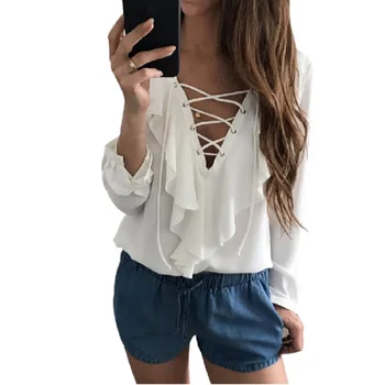 Sexy Chiffon Blouse Ruffle Blusas Mujer Womens Tops Lace Up V Neck Strapped Long Sleeve White Blouse Casual Tops Shirt 7Q1472
Sexy Chiffon Blouse Ruffle Blusas Mujer Womens Tops Lace Up V Neck Strapped Long Sleeve White Blouse Casual Tops Shirt 7Q1472