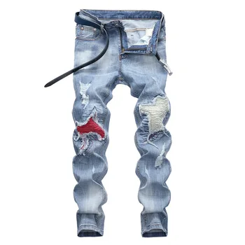 2020 young men jeans stretch pants of locomotive hole in light color patch jeans
2020 young men jeans stretch pants of locomotive hole in light color patch jeans