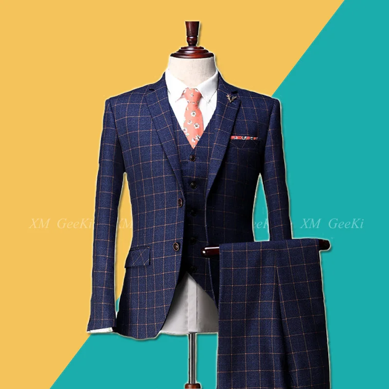 High Quality New Fashion Male Suit Set Groom Wedding Dress Suits Mens Blue Plaid Three Piece Sets Jacket with Vest With Pants
High Quality New Fashion Male Suit Set Groom Wedding Dress Suits Mens Blue Plaid Three Piece Sets Jacket with Vest With Pants