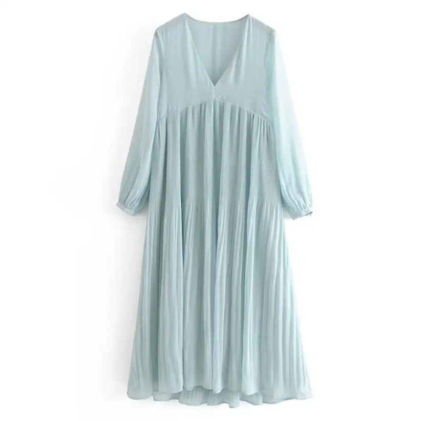 2019 Women Deep V neck Stitching Maxi Long Pleated Chiffon Dress Chic Light blue color Long Sleeve Swing Dresses
2019 Women Deep V neck Stitching Maxi Long Pleated Chiffon Dress Chic Light blue color Long Sleeve Swing Dresses
