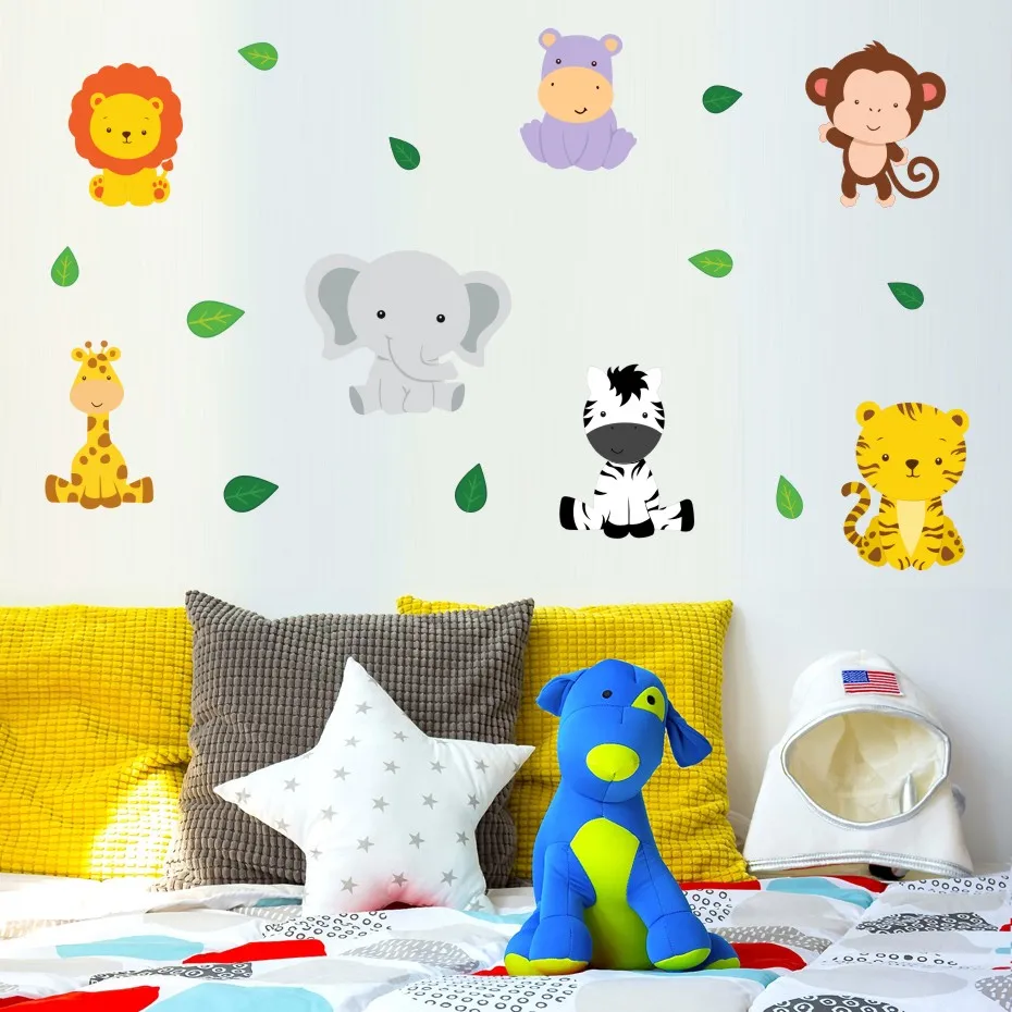 Jungle Animals With Leaves Decals Vinyl Sticker For Kids Nursery Bedroom Removable Wallpaper Home Decor Modern Wall Art Murals (1)