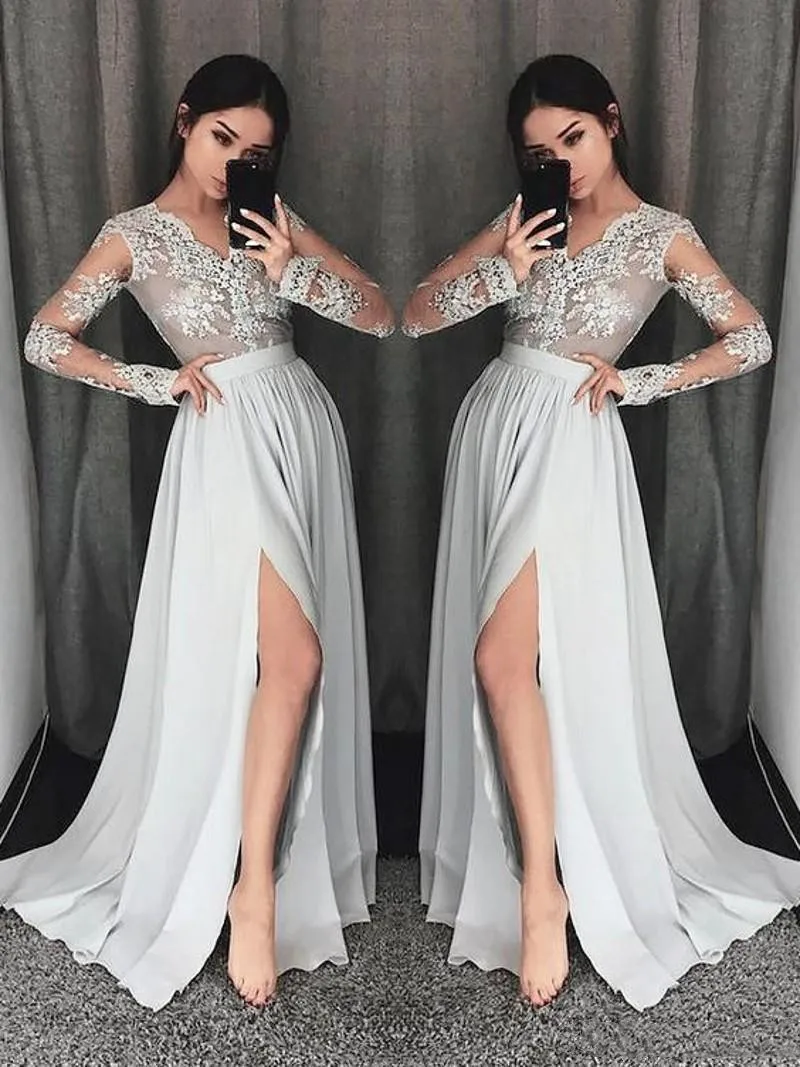 High Split Silver Prom Dresses See Through Sheer Long Sleeve Lace Top Chiffon Skirt Floor Length Evening Dress prom Gowns Custom
High Split Silver Prom Dresses See Through Sheer Long Sleeve Lace Top Chiffon Skirt Floor Length Evening Dress prom Gowns Custom