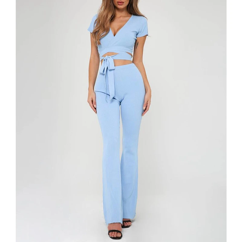 Blue Short Sleeve V Neck Bandage Crop Tops Two Piece Set Top and Flare Pants Women Sexy Slim Clothes Tracksuit Club Outfits
Blue Short Sleeve V Neck Bandage Crop Tops Two Piece Set Top and Flare Pants Women Sexy Slim Clothes Tracksuit Club Outfits