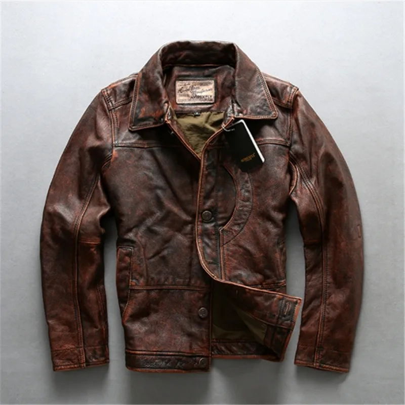 New Men Vintage Brown Motorcycle Leather Jacket Cowhide crescent pocket for old lapel and short locomotive leather jacket 
New Men Vintage Brown Motorcycle Leather Jacket Cowhide crescent pocket for old lapel and short locomotive leather jacket