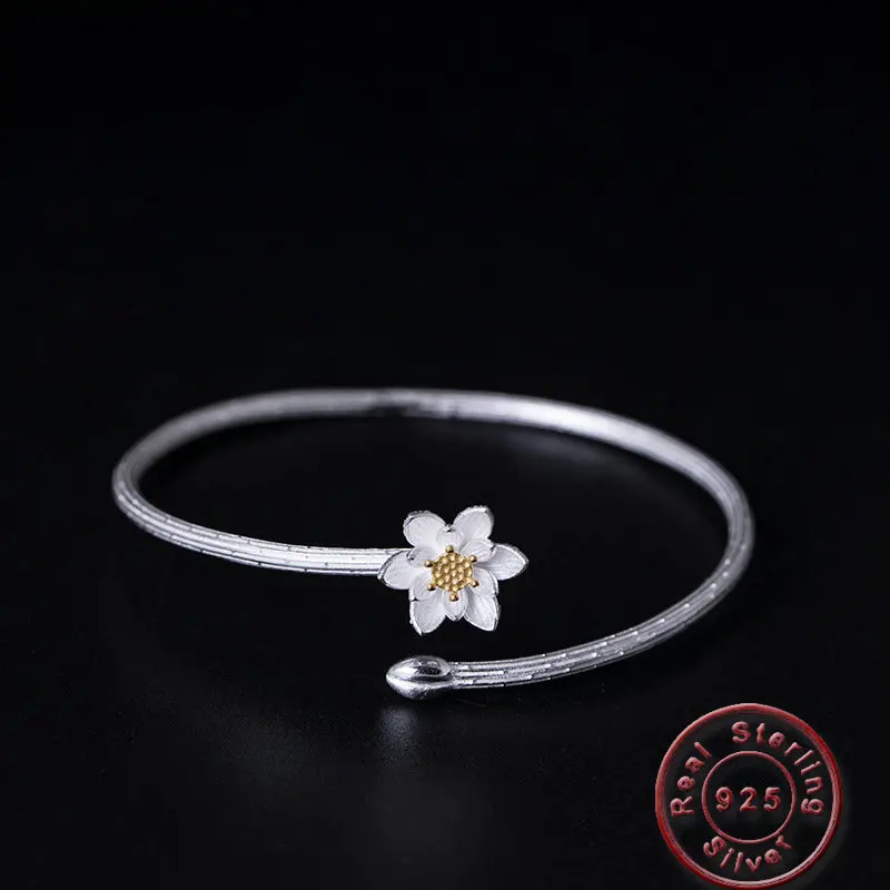 

Amxiu 100% 925 Silver Plum Flower Bangles Adjustable Open Bangle Jewelry For Women Girls Wedding Bijoux Valentine's Accessories