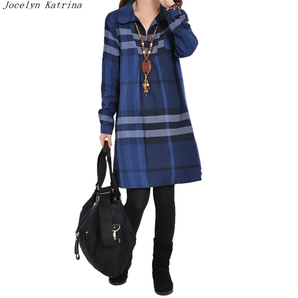 Jocelyn Katrina Brand 2018 Casual Plaid Printed Fashion Woman Turn-down Collar Long Sleeve Dress Ladies Autumn Style Dresses | Женская