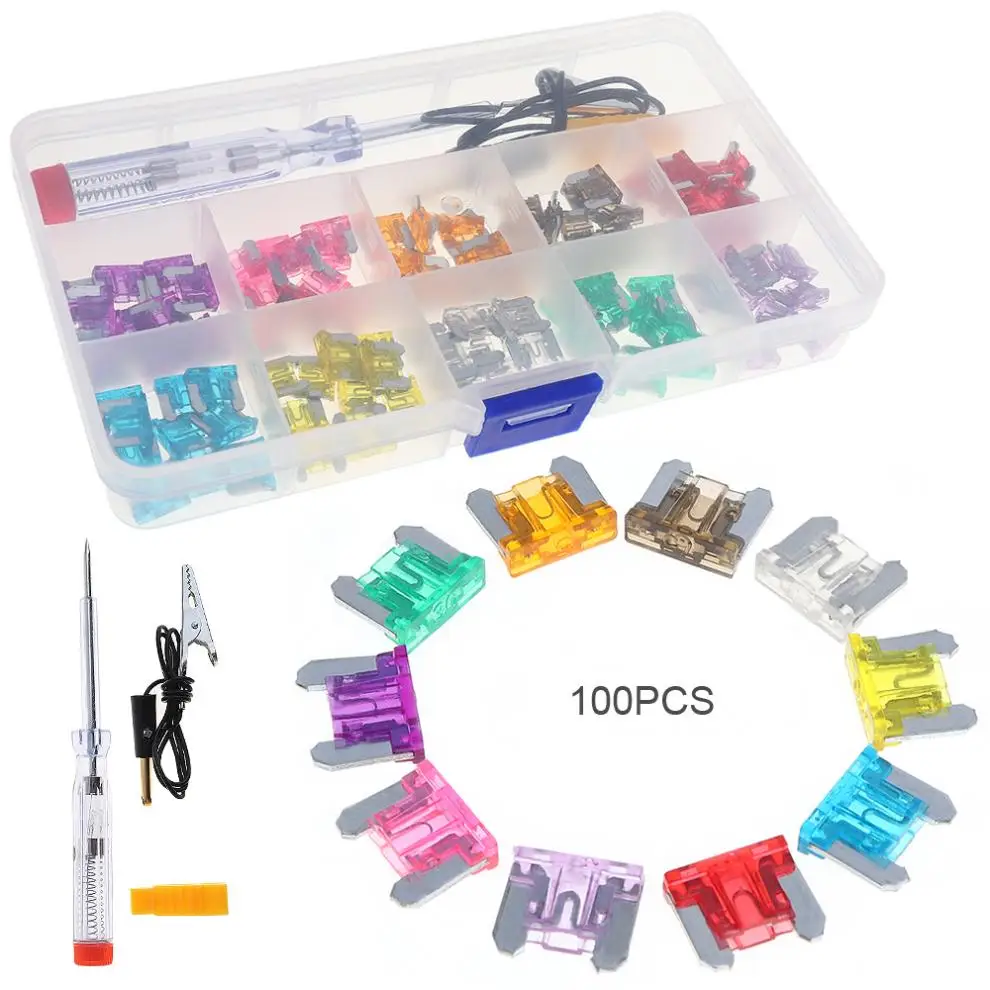 100pcs Mini Auto Automotive Car Fuse Plugs Blade Fuse Box Tools Assortment with Test Pencil and Fuse Clip
100pcs Mini Auto Automotive Car Fuse Plugs Blade Fuse Box Tools Assortment with Test Pencil and Fuse Clip