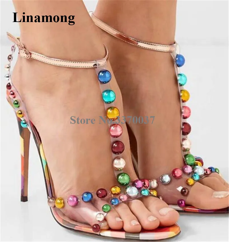 Women Charming T-strap PVC Mixed-colors Beaded Rhinestone Stiletto Heel Sandals Crystal Studded Transparent High Heel Sandals
Women Charming T-strap PVC Mixed-colors Beaded Rhinestone Stiletto Heel Sandals Crystal Studded Transparent High Heel Sandals