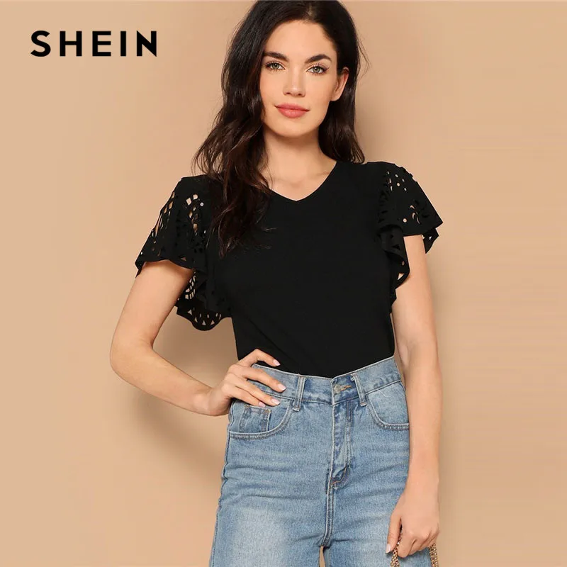 SHEIN Lady Summer Elegant Black Laser Cut Flutter Sleeve V Neck Tee 2019 Casual Solid Butterfly Sleeve Women Tshirt Tops
SHEIN Lady Summer Elegant Black Laser Cut Flutter Sleeve V Neck Tee 2019 Casual Solid Butterfly Sleeve Women Tshirt Tops