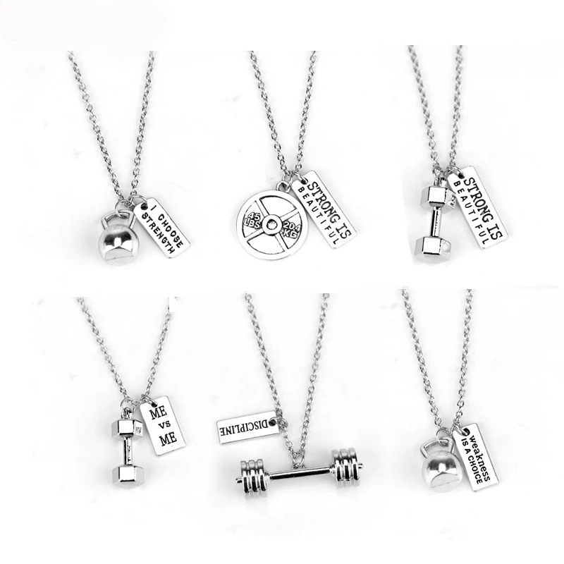 Image Gym Fitness Barbell Pendant Necklaces Dumbbell Necklace Pendant Jewelry Women Men Jewelry Sport Kettlebell Barbell Sport Gifts
