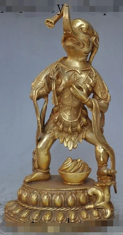 10" tibet Buddhism Bronze Gilt Wealth Stand Elephant Mammon God Buddha Statue