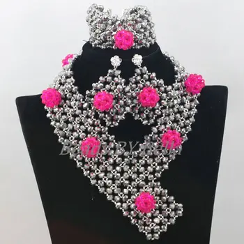 

Handmade Silver Crystal Beads Bridal Jewelry Sets Nigerian Wedding Fuchsia Balls Braid African Jewelry Set Free Shipping ABF877