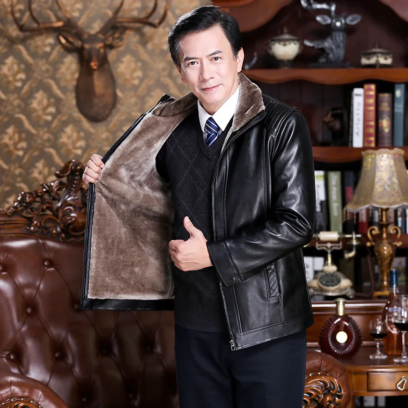 

Motorcycle Jacket Jacket Men Middle-aged And Old Fur One Man Clothing Menswear Haining Qiu Dong With Velvet Dad Leather Coat