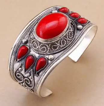 

Charm Red Coral Stone Cuff Bracelet Bead Tibet Silver Flower ^^ @ ^ GP Delivery New> Free Shipping bride jewelry free shipping
