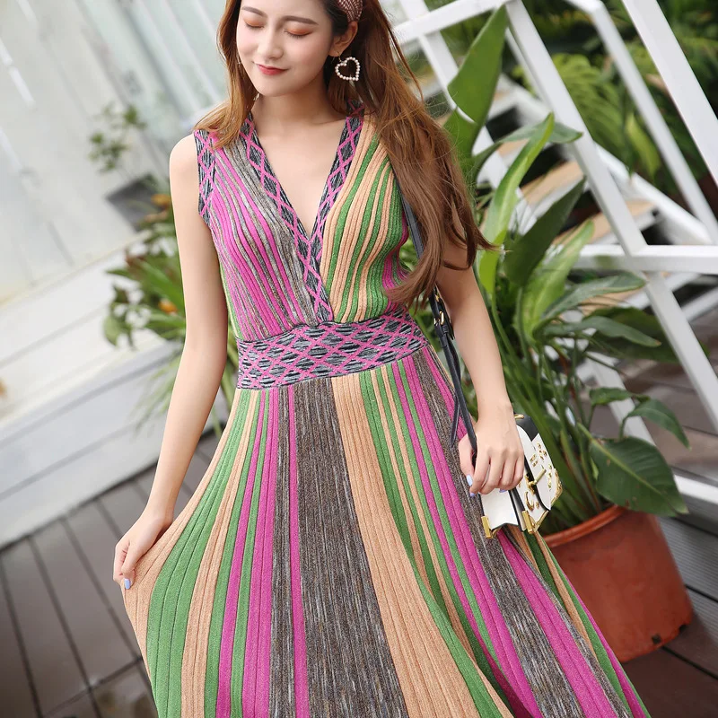 Italian Style Knitting Clothing High Quality Classic Iridescence 2018 Summer New Stripes Sexy V-neck Sleeveless Wool Dress S-L
Italian Style Knitting Clothing High Quality Classic Iridescence 2018 Summer New Stripes Sexy V-neck Sleeveless Wool Dress S-L