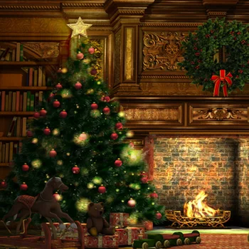 

Xmas Tree in Vintage Castle Brick Wall Fireplace Christmas Photography Backdrops Children Holiday Photo Background 150cm*200cm