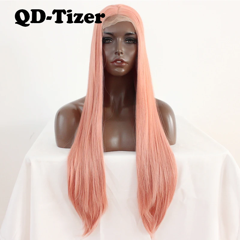 QD-Tizer персиковый розовый длинный прямой парик для волос с кружевом спереди