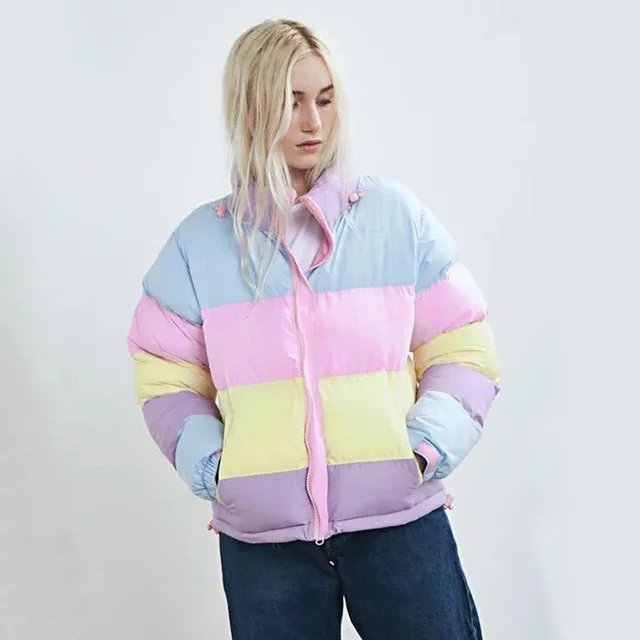 Women's Rainbow Stripe Patchwork Hooded Parkas 2019 Autumn Winter Female Fashion Outwear Ladies Warm Thick Solid Down Jacket
Women's Rainbow Stripe Patchwork Hooded Parkas 2019 Autumn Winter Female Fashion Outwear Ladies Warm Thick Solid Down Jacket