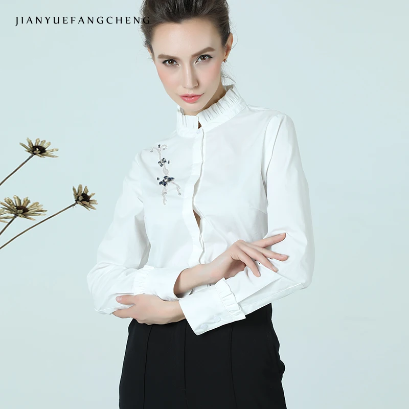 Spring Womens Long Sleeve White Cotton Shirts Plus Size Tops and Blouses Stand Collar Rhinestone and Beading New Women Clothing
Spring Womens Long Sleeve White Cotton Shirts Plus Size Tops and Blouses Stand Collar Rhinestone and Beading New Women Clothing