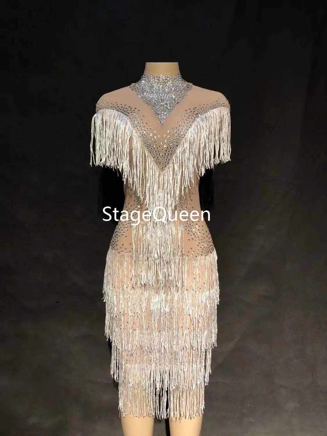 Rhinestone Tassel Dress Women's Birthday Party Singer Celebrate Fringes Dress Nightclub Women Mesh sleeveless Dance Dress 2019
Rhinestone Tassel Dress Women's Birthday Party Singer Celebrate Fringes Dress Nightclub Women Mesh sleeveless Dance Dress 2019