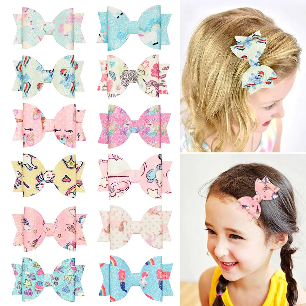 

3 Inch Cute Unicorn Printed Hair Bows for Kids Double Layers Swallowtail Soft Glitter Hair Clips Girls Hair Accessories