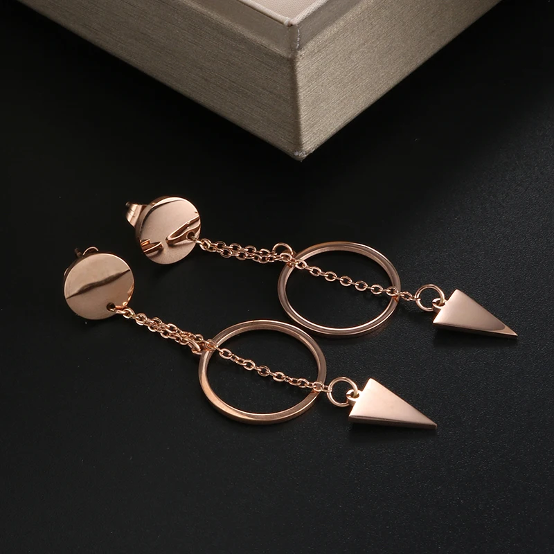 Rose Gold Color Round Disc Drop Dangle Earrings Triangle Tassel Earrings 316L Stainless Steel Chain Long Earrings for Women
Rose Gold Color Round Disc Drop Dangle Earrings Triangle Tassel Earrings 316L Stainless Steel Chain Long Earrings for Women