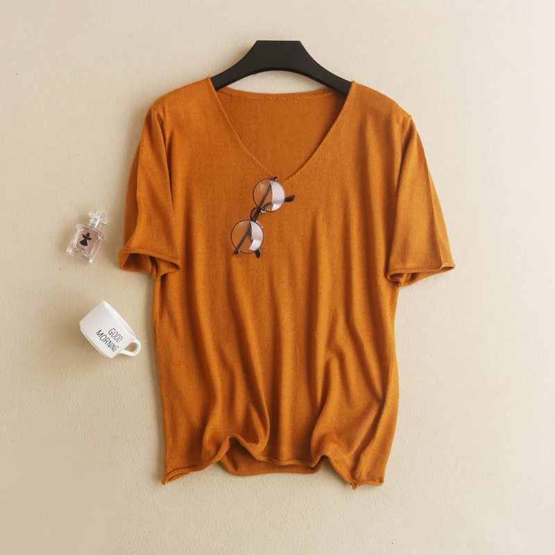 2019 Summer Short Sleeve Cashmere Sweater Women Solid Color V-neck Tee Shirt Knitted Loose Pullover Wool Sweater Pull Femme Tops
2019 Summer Short Sleeve Cashmere Sweater Women Solid Color V-neck Tee Shirt Knitted Loose Pullover Wool Sweater Pull Femme Tops