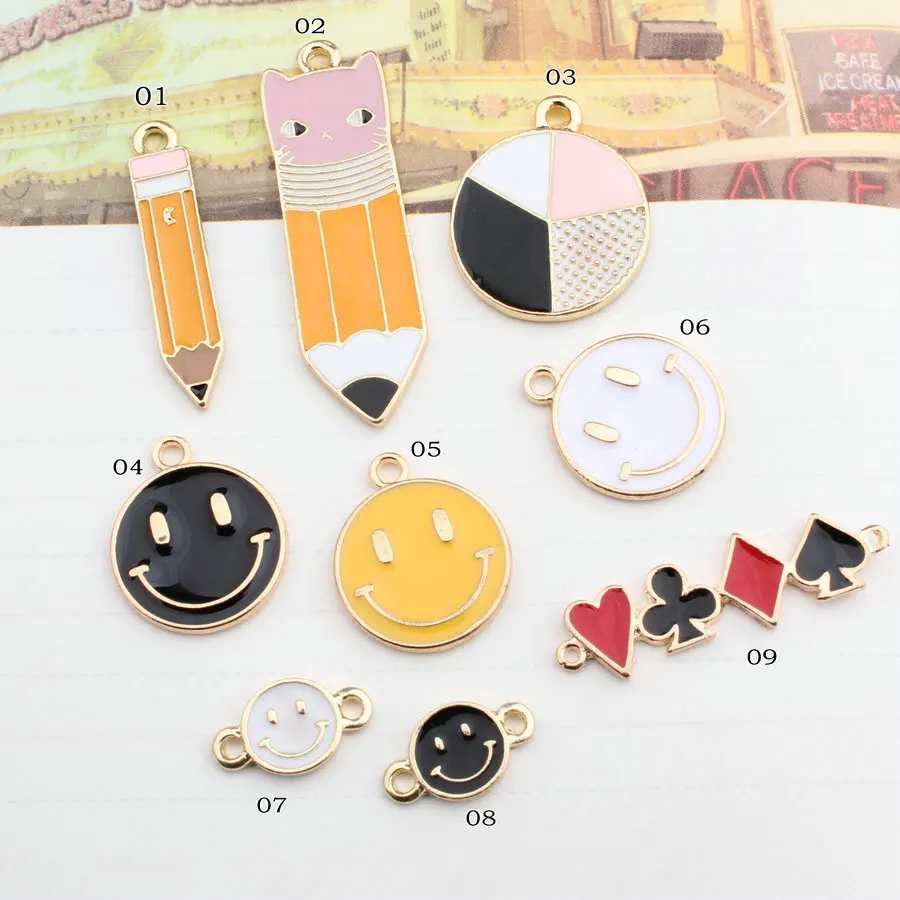 10pcs Fashion DIY enamel pencil emoji charms for bracelet, metal alloy color playing card pendants women dangle jewelry making
10pcs Fashion DIY enamel pencil emoji charms for bracelet, metal alloy color playing card pendants women dangle jewelry making