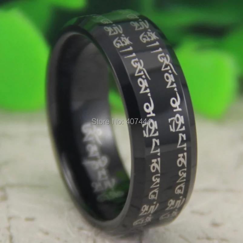 

Free Shipping USA UK Canada Russia Brazil Hot Sales 8MM Black Bevel Tibetan Buddhism Om-mani-peme-hung New Tungsten Wedding Ring