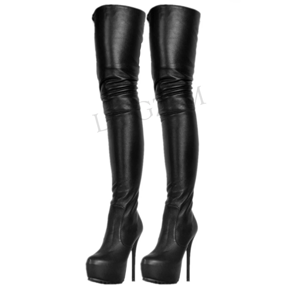 

LAIGZEM Women Thigh High Boots Faux Leather Stiletto Heels Boots Long Zipper Crotch Party Shoes Botines Mujer Big Size 34-52